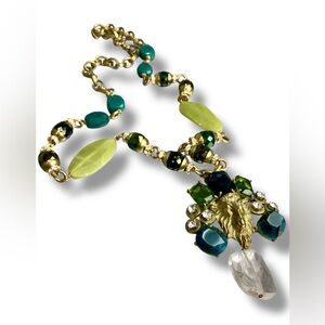 Yosca Long Chunky bead Pendant Necklace Goat Face Goldtone Statement boho